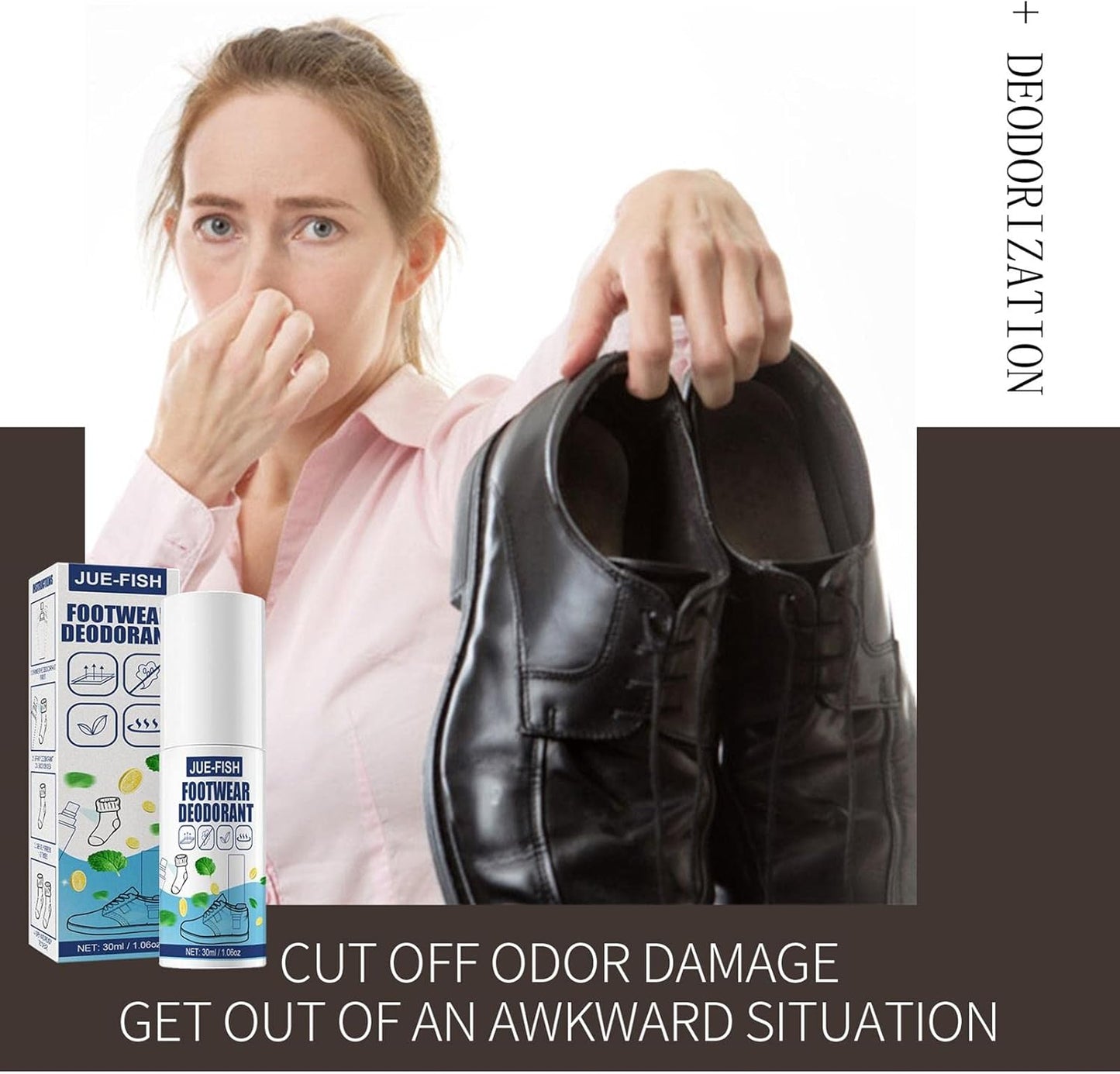 Fusiongadgetspk Foot Deodorant Odor Spray bottle with spray nozzle, designed to eliminate foot odor and freshen shoes.